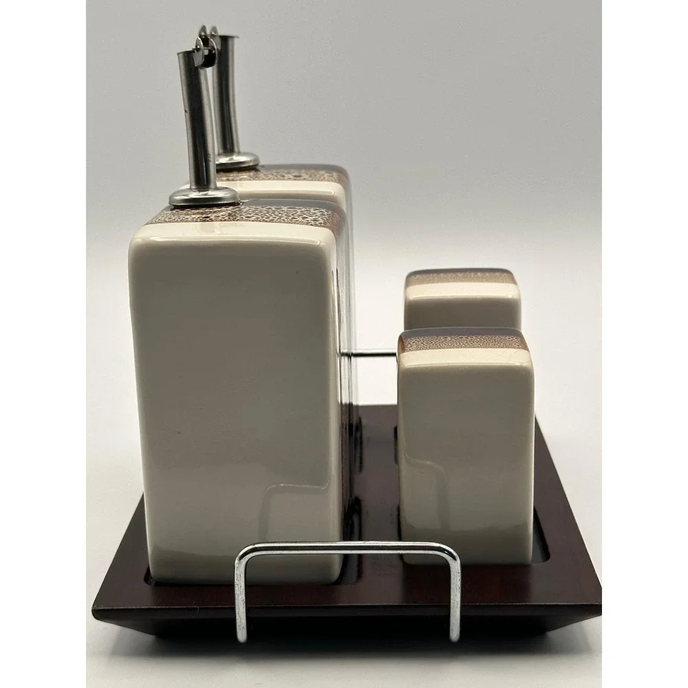 Vintage Pier 1 Tri-Color Brown & White Ceramic Oil, Vinegar, Salt Pepper Set